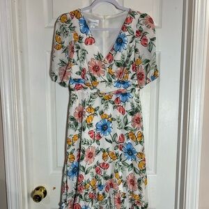 Donna Morgan Blue and Red Ruffled Tiered High low dress.